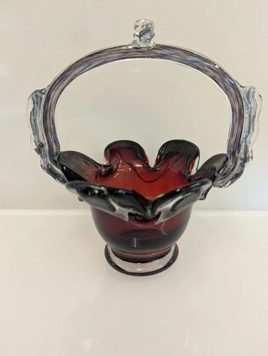 Vintage Murano Style Hand Blown Glass Basket Decorative Art Piece Red Green