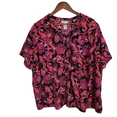 Catherines Short Sleeve Paisley Button Up Shirt Dark Floral Plus 2X Petite 22/24