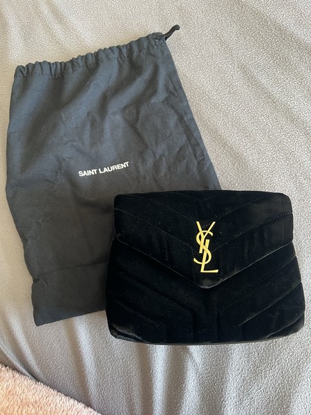 Saint Laurent Black Velvet Quilted Chevron LouLou Crossbody, Gold Logo, Dust Bag