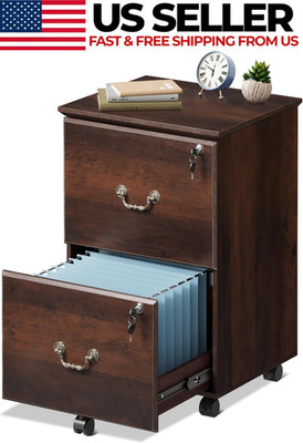 Brown Oak 2-Drawer File Cabinet Rolling Under Desk Lock Small Office Furniture