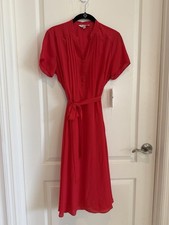 Nanette Lepore Crimson Red Tie Waist Midi Dress Size 4 Pleated Button Front NWT