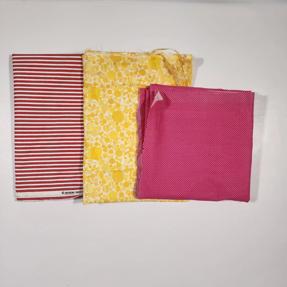 Quilting Fabric Lot 5+ Yards 100% Cotton 44” Lot Of 3 Red Yellow Dots Stripes - Image 2 of 4