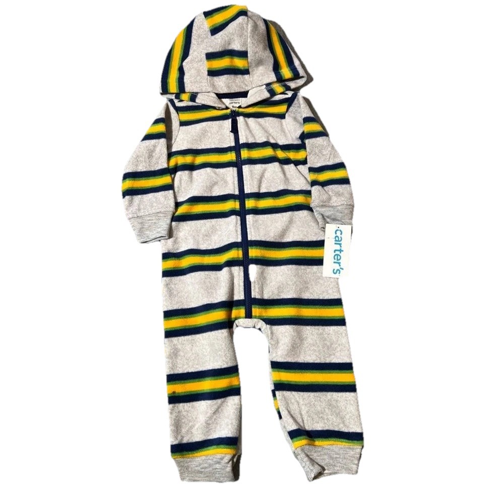 Carter's Fleece Romper 1 Piece Baby Boys 9M long sleeve stripe Zip up hooded new