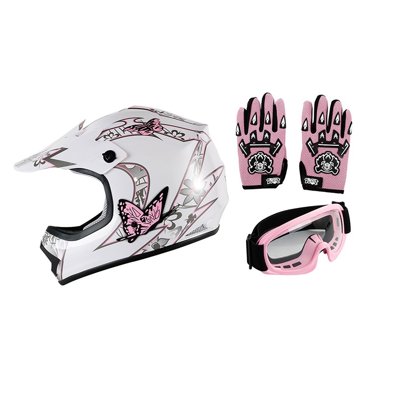 DOT Youth Pink Butterfly Dirt Bike ATV Motocross Helmet Goggles