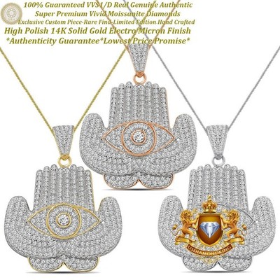 VVS1/D Moissanite Praying Hamsa Hand All Seeing Evil Eye Jewish Pendant Charm