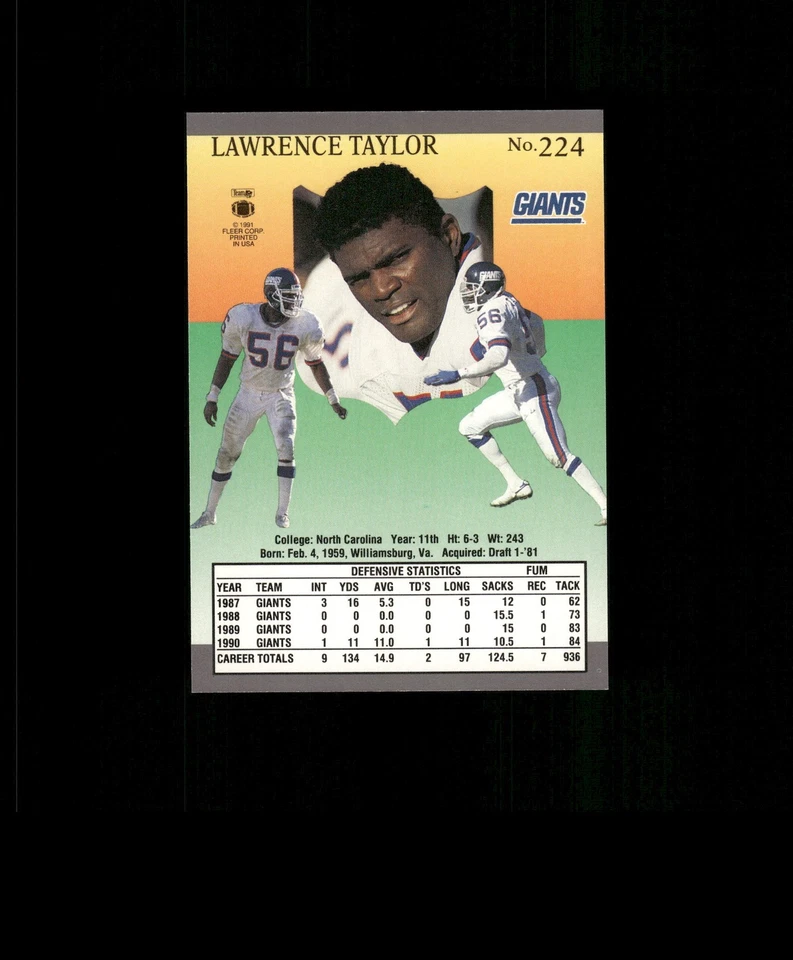 1991 Fleer Ultra #224 Lawrence Taylor Football Card New York Giants - Image 2 of 2
