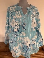 Style & Co Women’s Floral Aqua Pullover Blouse Size L Retail $59.50