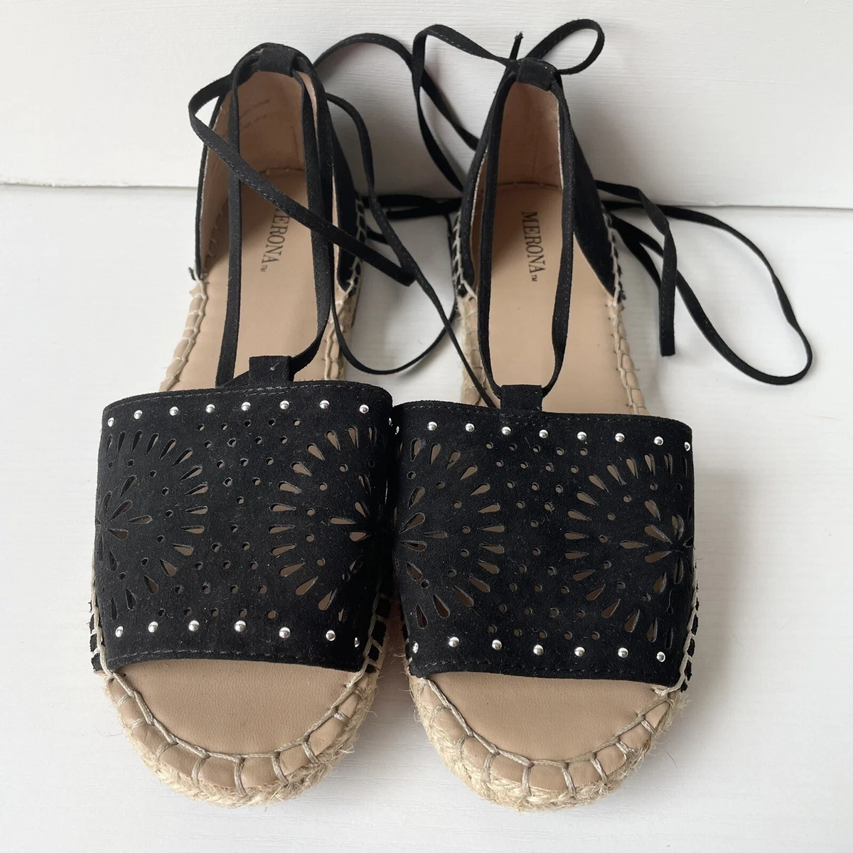 Merona Black Peep Toe Lace Up Flat Sandals 7