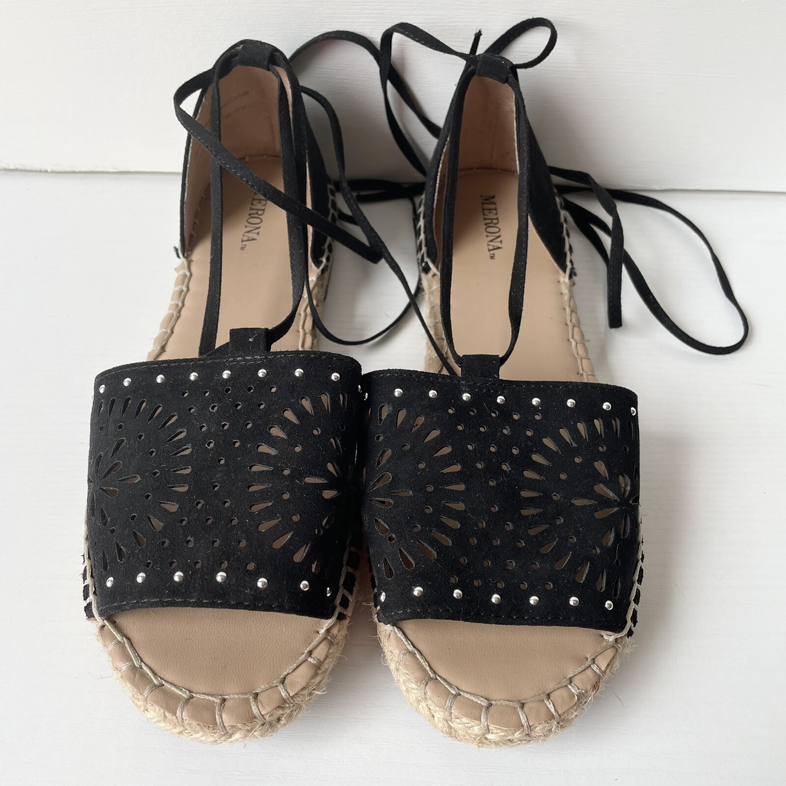 Merona Black Peep Toe Lace Up Flat Sandals 7 | eBay