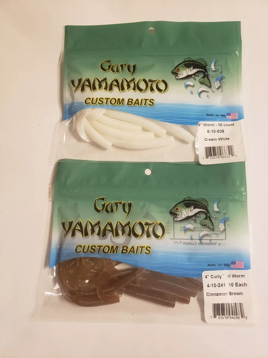 GARY YAMAMOTO Curly Tail Worm 4 10ct Cinn Brwn & 6 Cream White NEW (2  PKG)