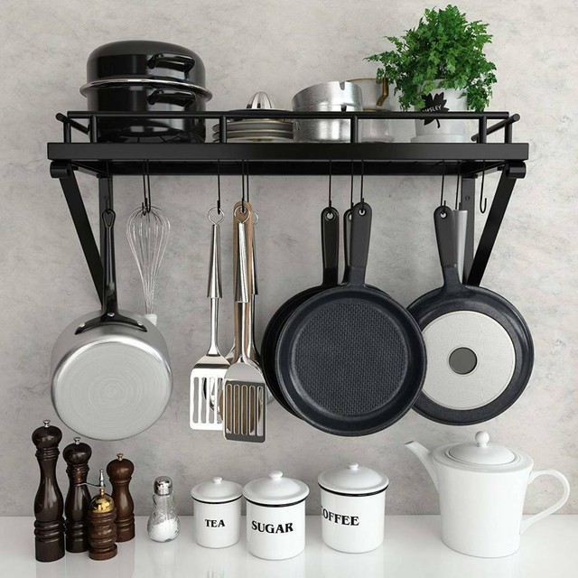 90cm Kitchen Cookware Holder Rack Hanging Pot Pan Shelf With Hooks Wall