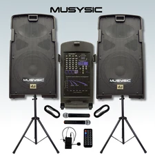 MUSYSIC PA Speaker 2000W Portable PA System 5-CH Mixer, 10" Speakers 2 UHF Mics