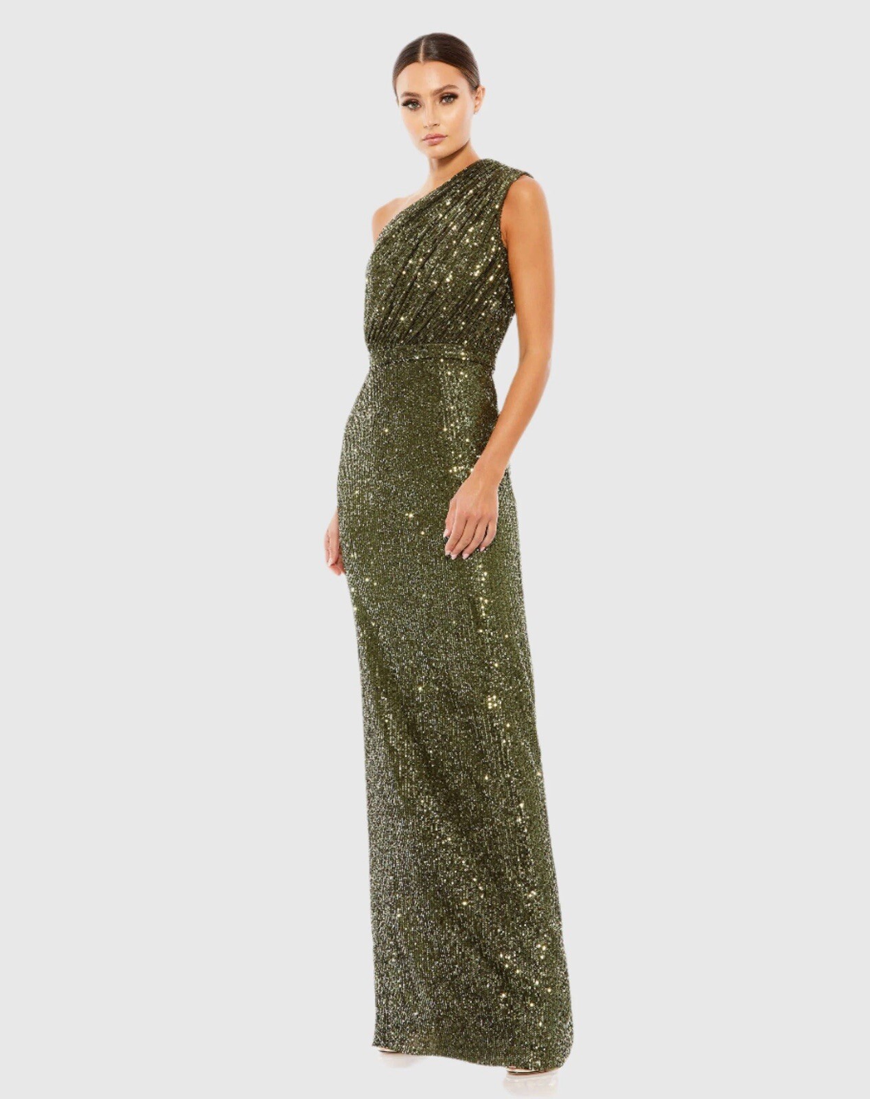 IEENA Mac Duggal Gown Dress Size 14 In OLIVE Sequined Ruched One Shoulder 26694