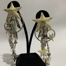 Vintage LUNCH at The RITZ 88 Enamel Star Charm dangle EARRINGS 4 Inches AB Beads