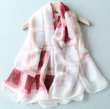 100% Silk 55" Chiffon Large Square Scarf Women Shawl Wrap plaids pink red JH15-9
