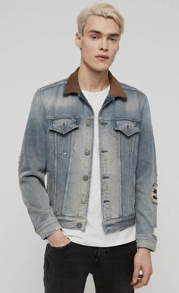 Allsaints Iren denim jacket mid indigo blue leather collar size S