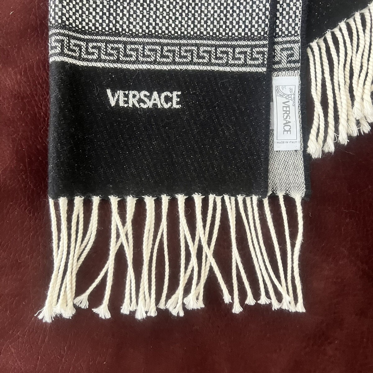 VERSACE SCIARPA Gray And Black Wool Scarf with Black Embroidered