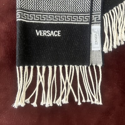 VERSACE SCIARPA Gray And Black Wool Scarf with Black Embroidered