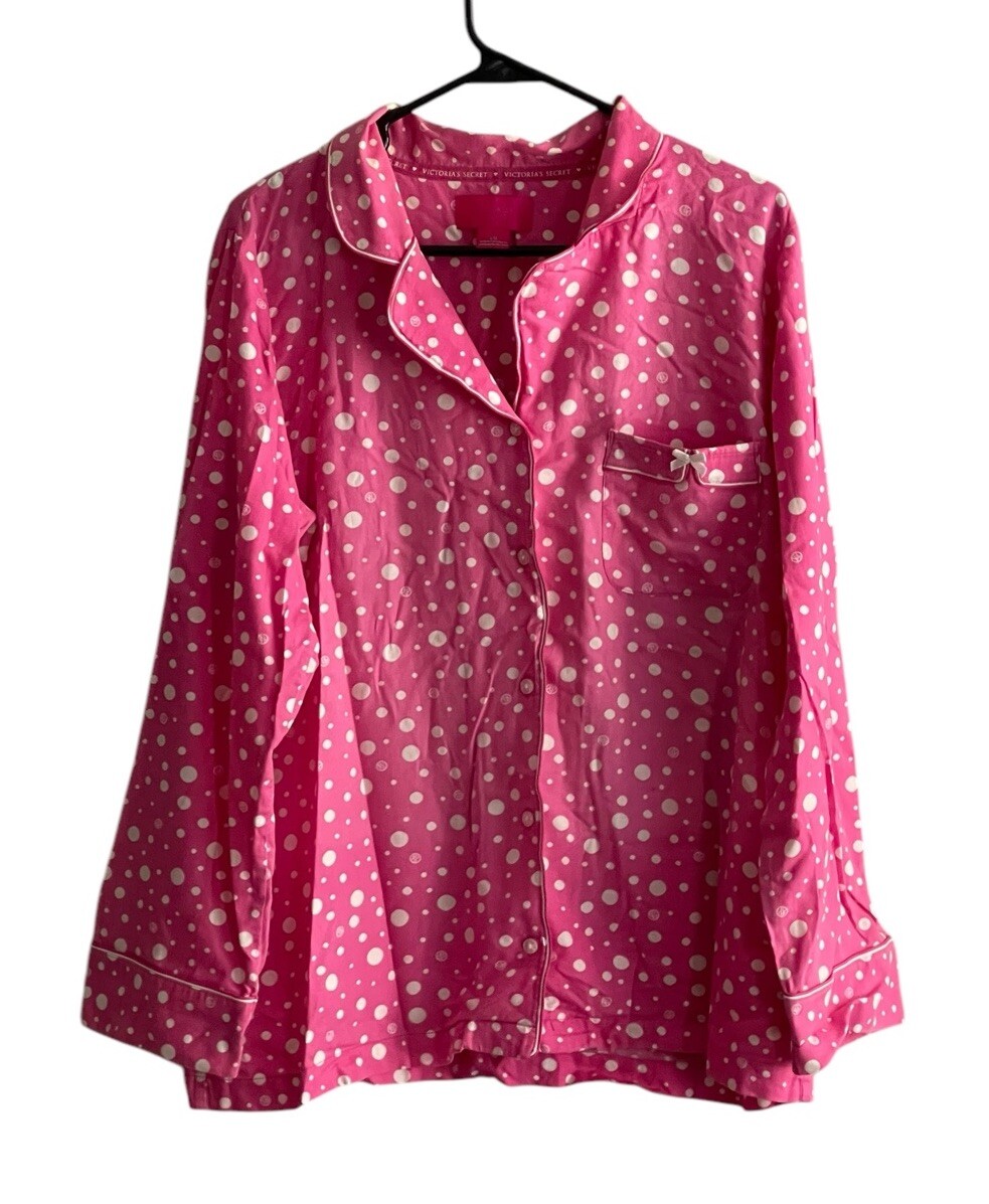 Victoria Secret Pajama top Large Long sleeve pocket pink polka dot bow