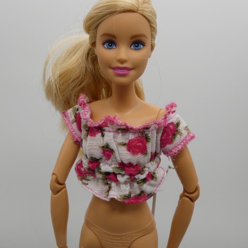 Barbie Doll Size Top White Ruffles Pink Trim Floral Print Roses Short