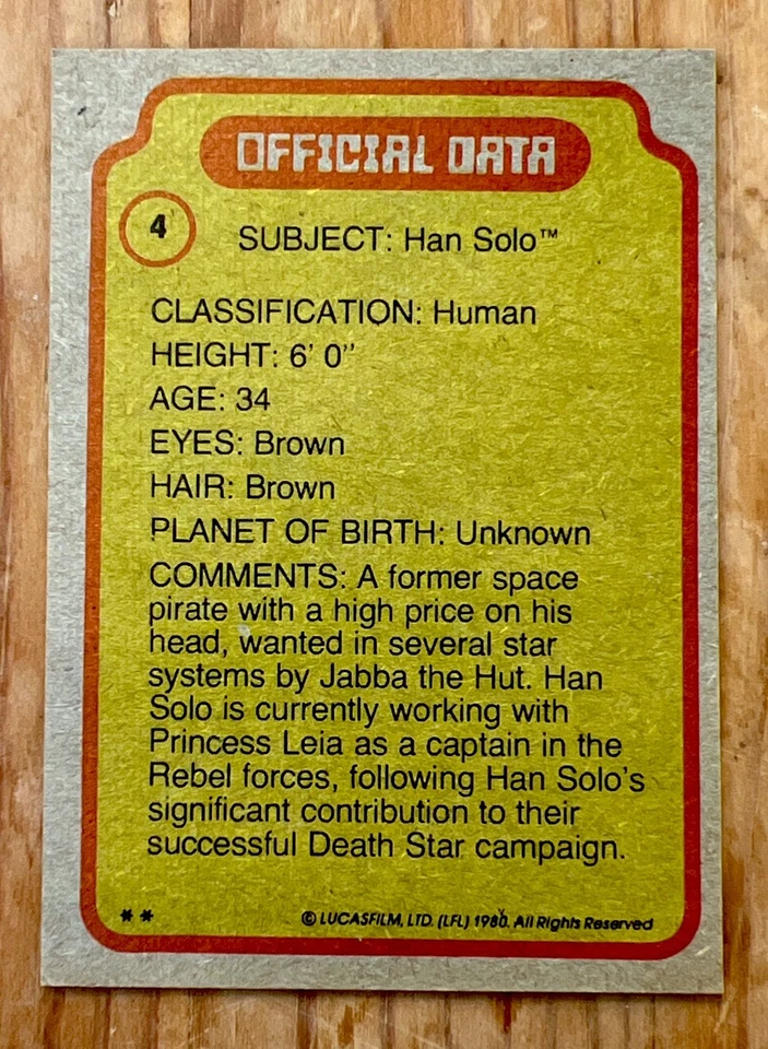 1980 Topps Star Wars Series 1 #4 HAN SOLO! EMPIRE STRIKES BACK - Exc Condition! - Image 2 of 2