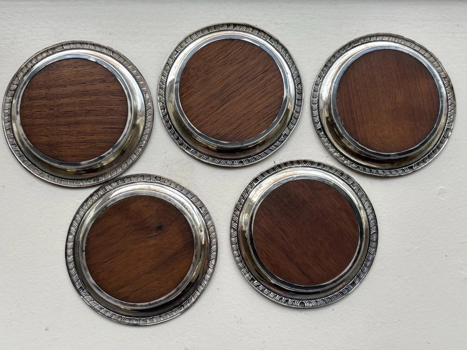 Set Of 5 Vintage Sterling Trivets With Wood Centers 925 3.70” Wide - product detail image 2