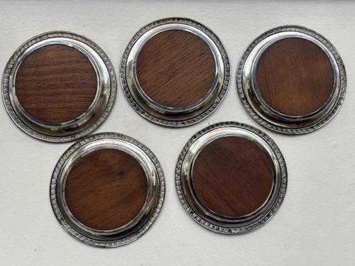 Set Of 5 Vintage Sterling Trivets With Wood Centers 925 3.70” Wide image 2