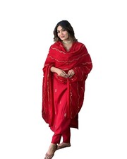Women Embroidered Chanderi Fabric Straight Kurta, Pant and Dupatta Set