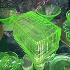 Block Optic Green Depression Vaseline Uranium Glass Covered Butter Dish Vintage