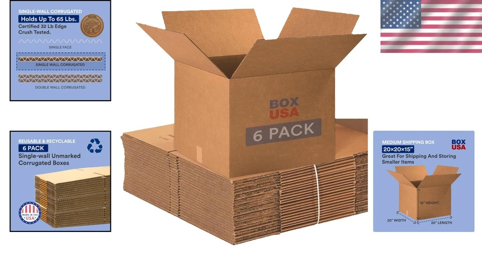 Corrugated Cardboard Boxes 20x20x15 - 6 Count - Image 2 of 4