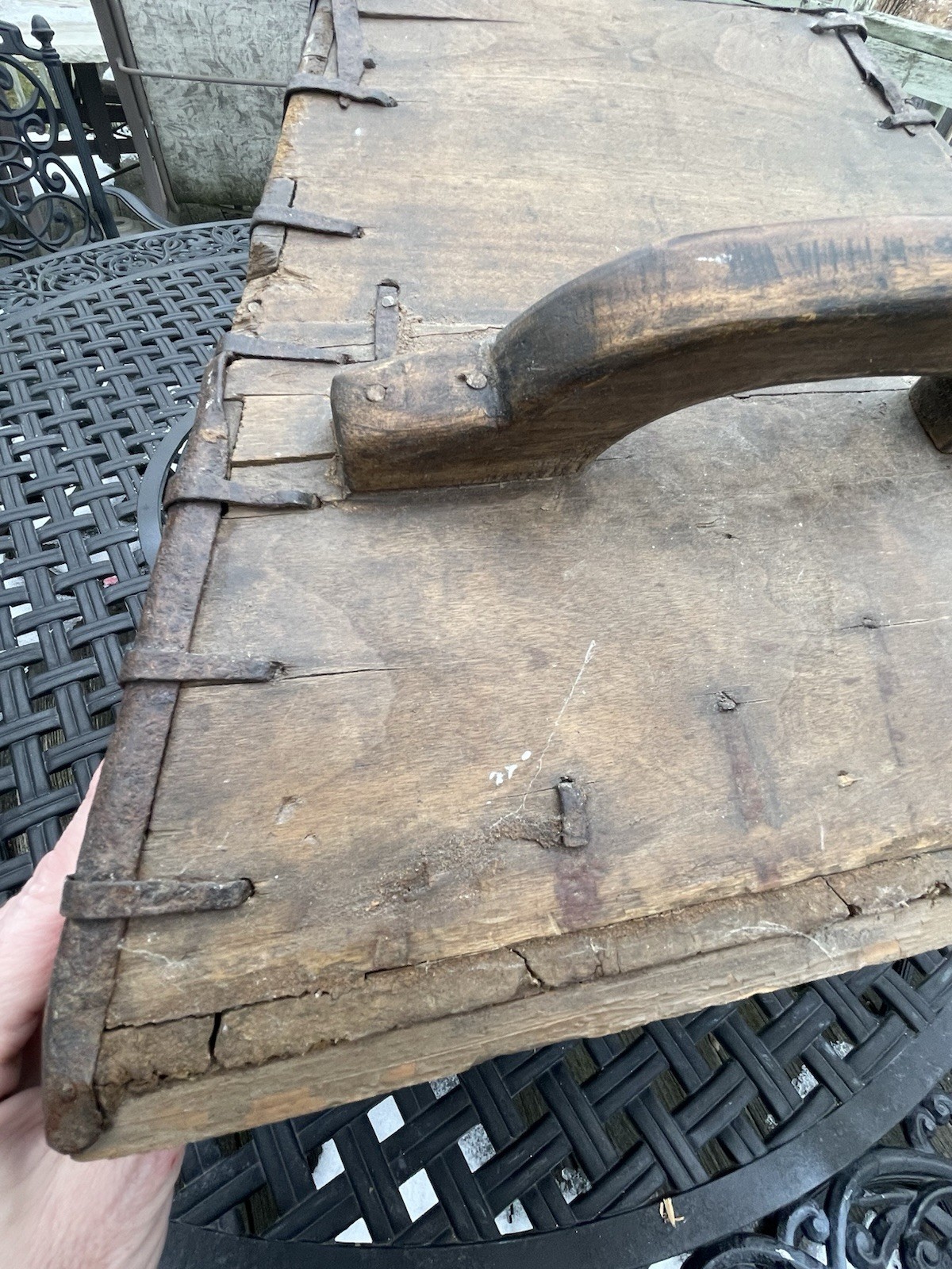 Antique Chinese Wooden Rice Bucket Pail Grain Carrier w/ Iron Bands Orig Writing