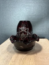 VTG RUBY RED CUT TO CLEAR FAIRY LAMP STARBURST BOHEMIAN GLASS TEA LIGHT CANDLE