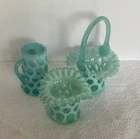 Vintage Fenton Aqua Opalescent Coin Dot Pitcher #1924 Ruffle Edge Hat Baskets