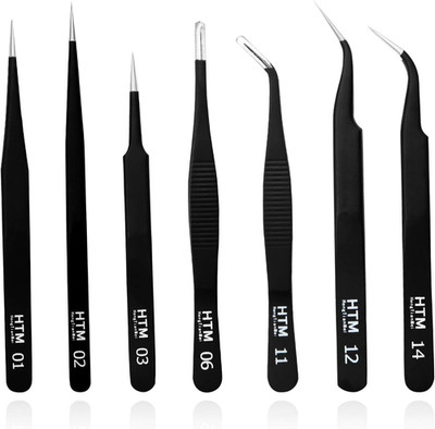 HengTianMei 7Pcs Precision Micro Tweezers Set, Anti-Static Stainless Steel, 3 Sh