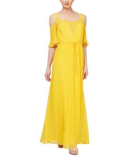 S.L. Fashions Womens Embroidered Maxi Cold Shoulder Dress, Yellow, 16