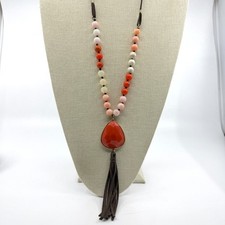 Red Orange Teardrop Pendant Pink Bead Brown Tassel Long Necklace Boho Statement