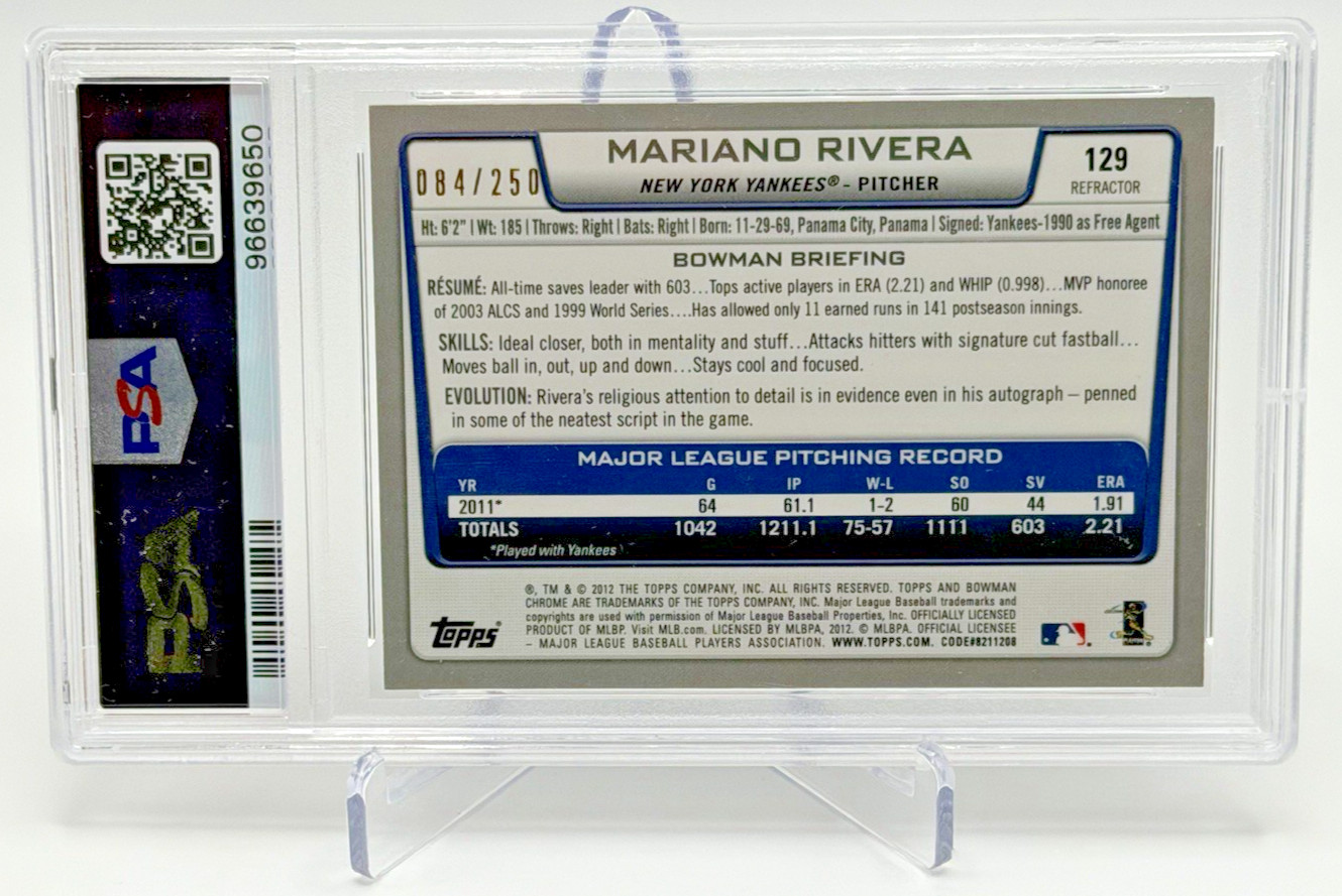2012 Bowman Chrome Blue Refractor Mariano Rivera Signed PSA DNA Auto 10 /250 HOF view 7