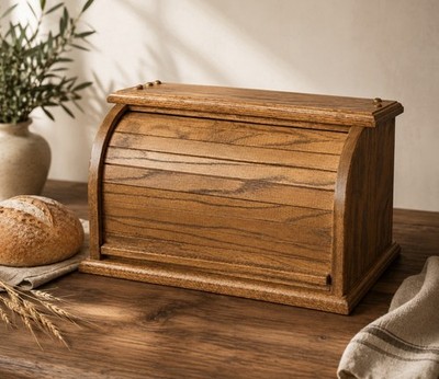 Vintage MCM Roll Top Bread Box Top Storage Primitive Rustic Farmhouse Oak Wood