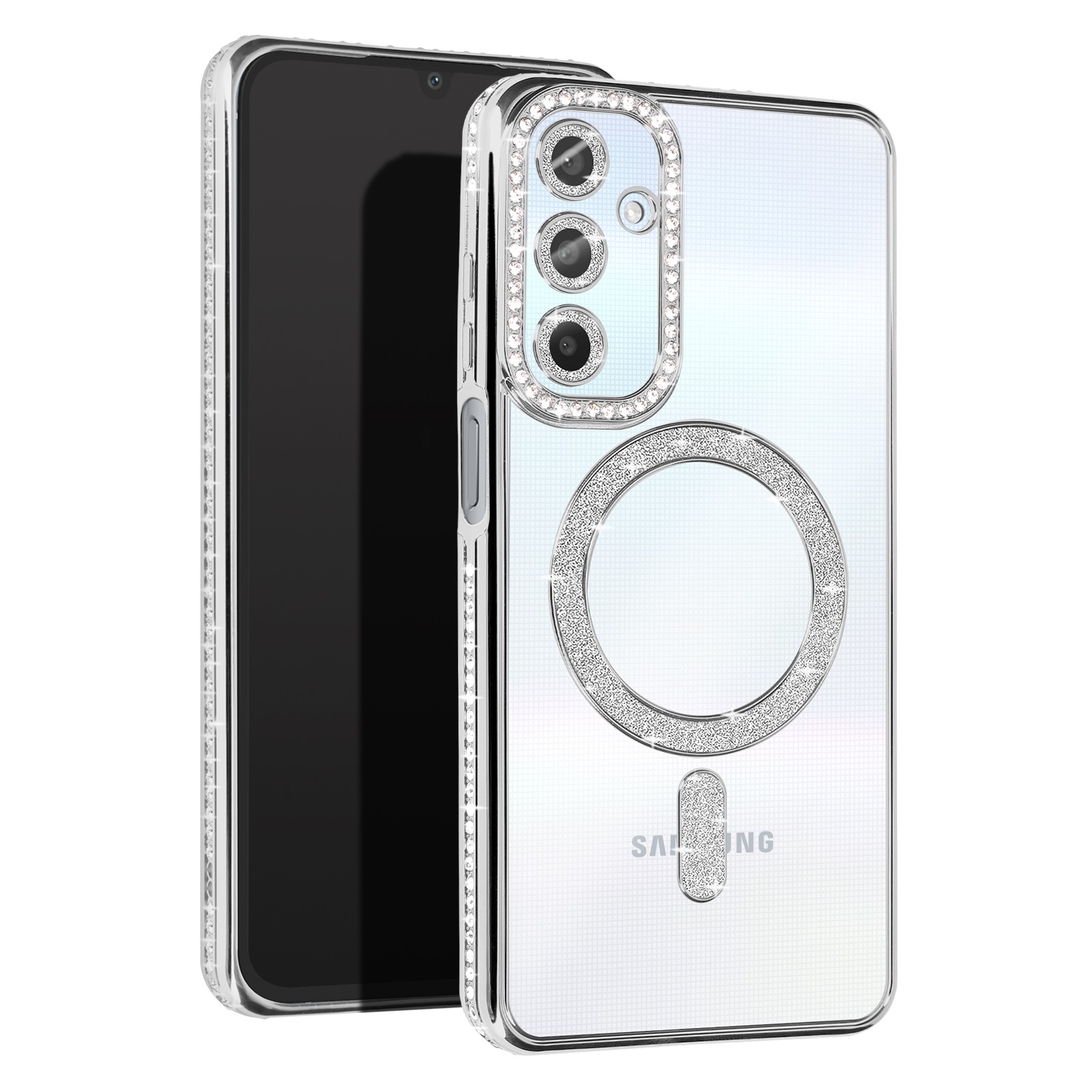 Coque Galaxy A25 argent anti-choc protection renforcée aux strass de diamant