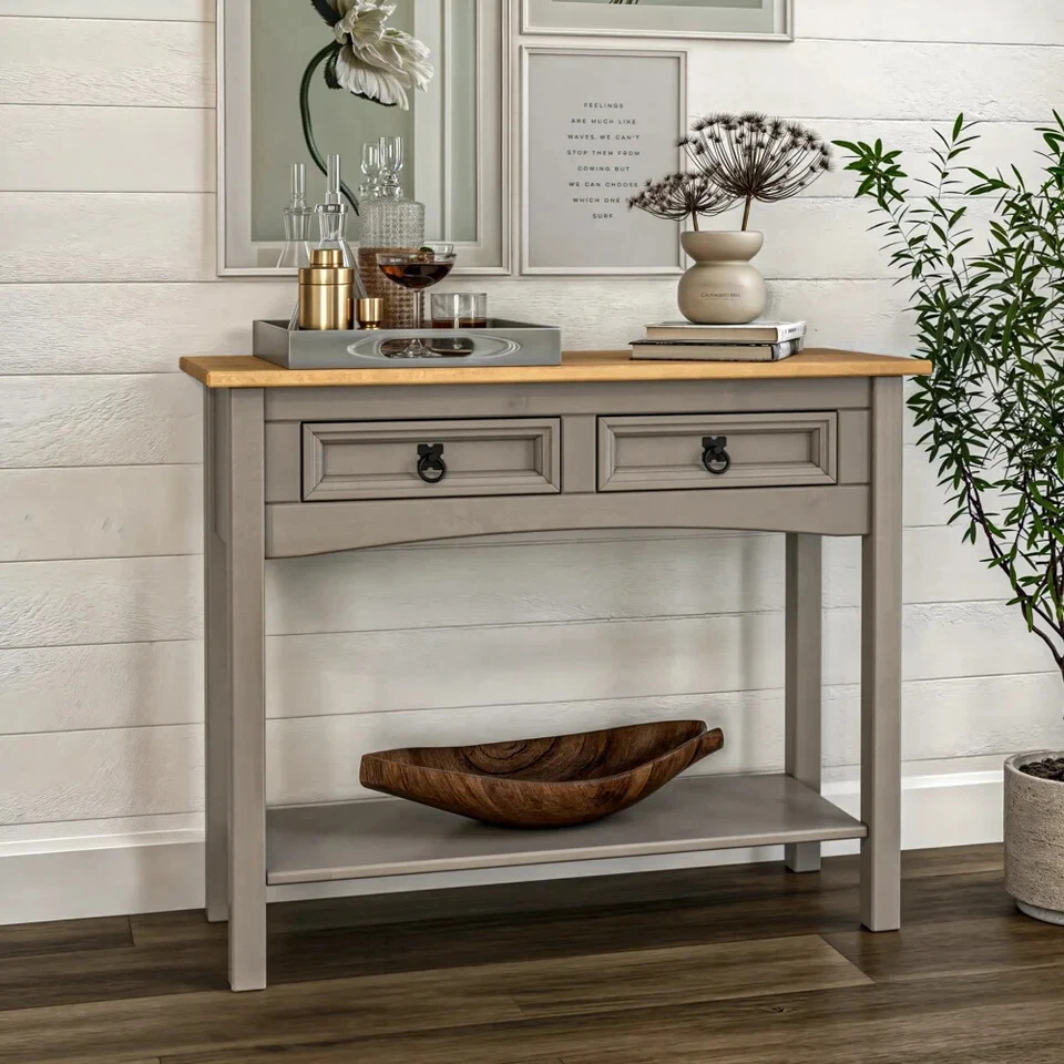 Corona Console Table Grey 2 Drawer Solid Mexican Pine Wooden Cabinet Wax - Image 4 of 4