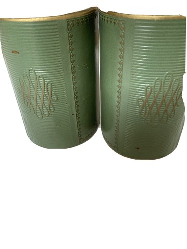 BOOK ENDS Vintage GREEN LEATHER Gold Trim On Edge And Scroll Design Art Deco