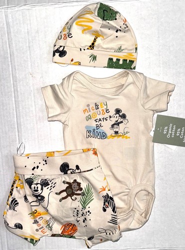 DISNEY H & M Mickey Mouse 3 piece set tan/JUNGLE motif size NEWBORN
