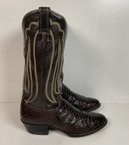 Vintage Tony Lama Back Cut Python Cowboy Boots 8.5 D Dark Brown Snakeskin - Picture 5 of 19
