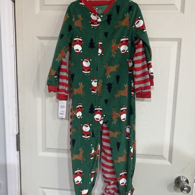 2 -Carters size 5T Christmas African American Santa Pajamas green red Footed NEW
