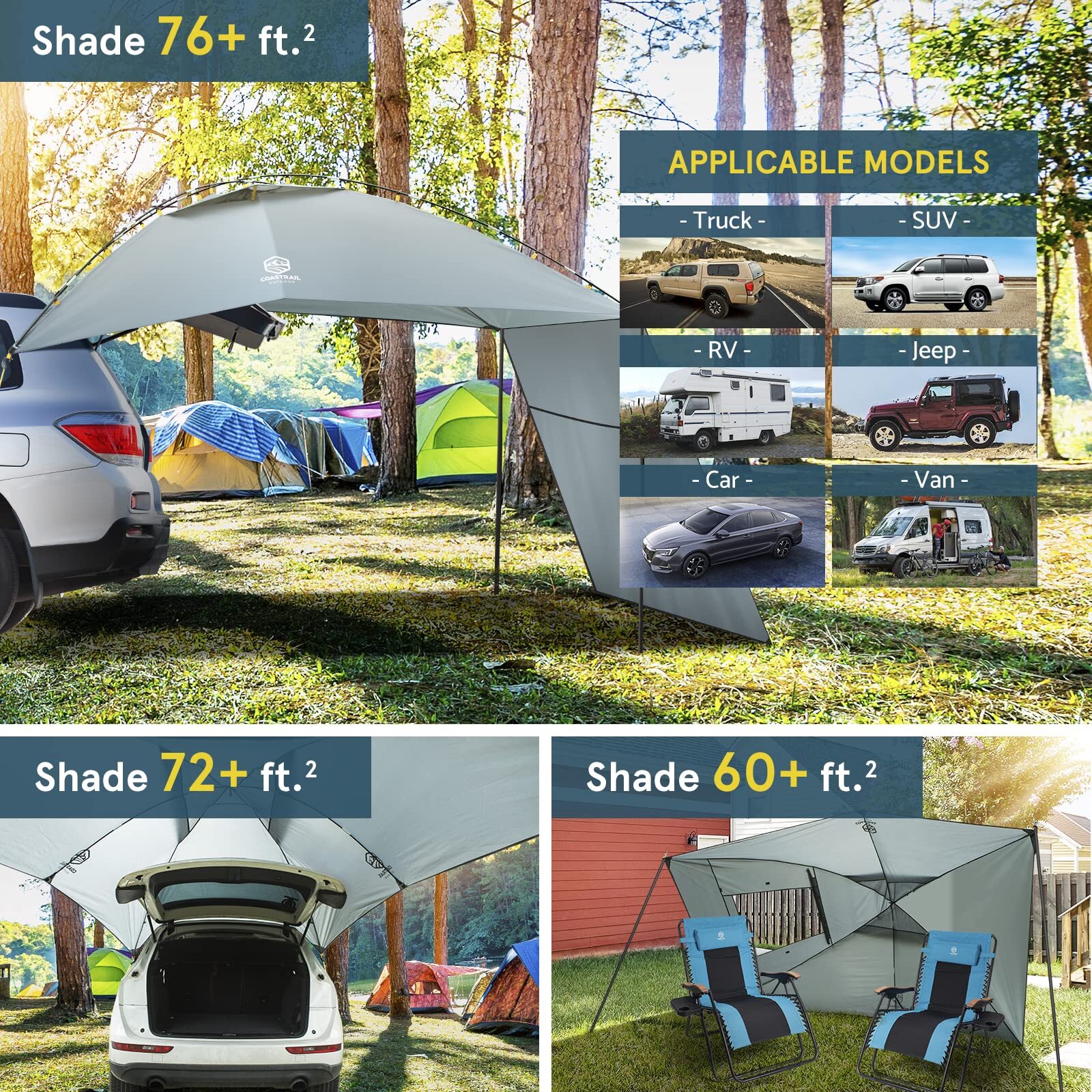 Coastrail Outdoor Car Canopy Sun Shade with SideWall, SUV Awning Car