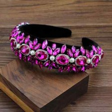 BRAND NEW WIDE LUXURY HANDMADE HOT PINK/CLEAR RHINESTONE  WHITE PEARL HEADBAND