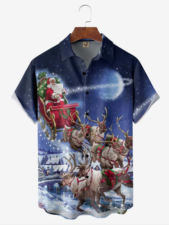 Santa Claus With Reindeer On Christmas Day   Hawaiian Shirt