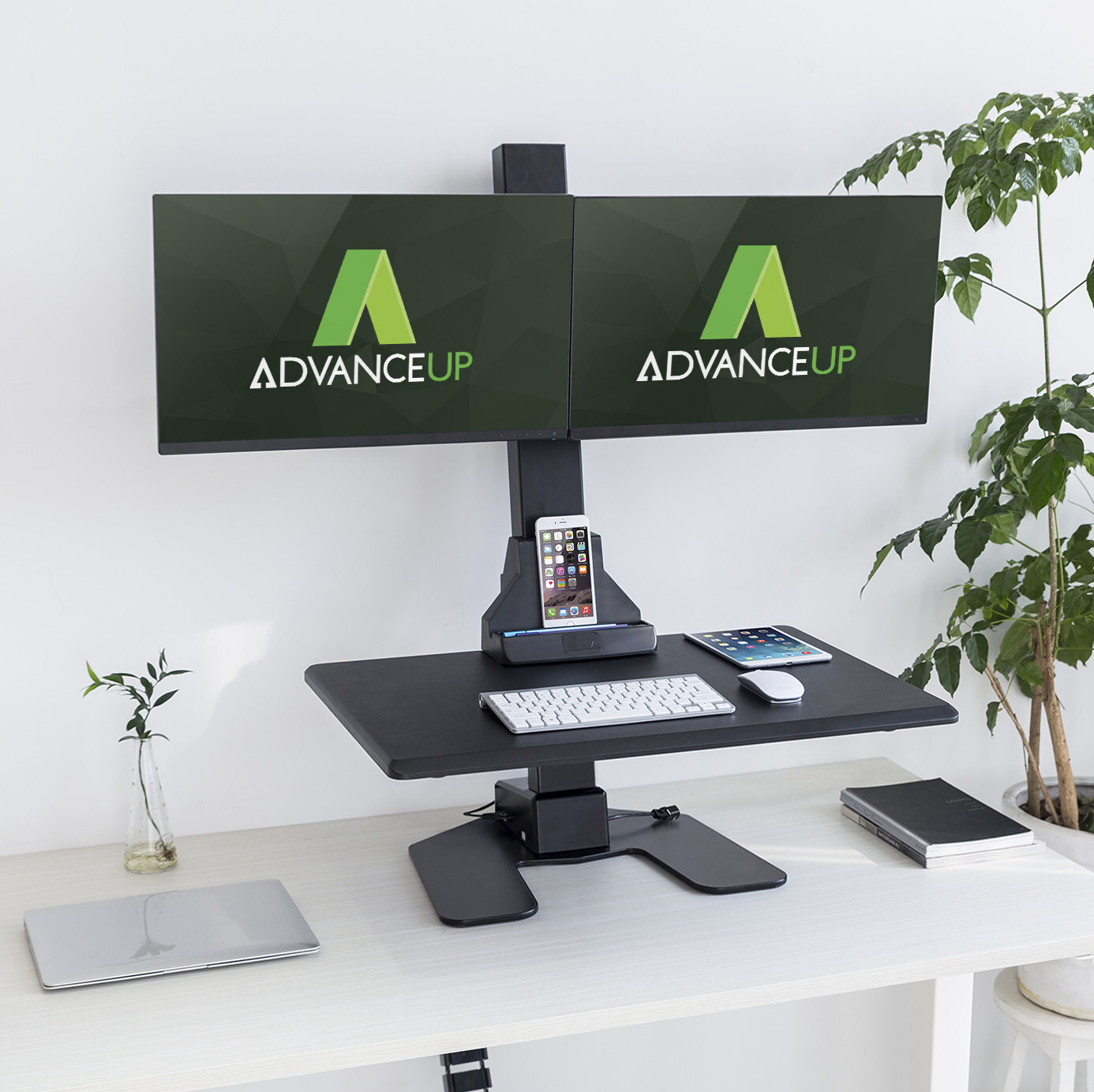AdvanceUp Electric Auto Standing Desk Converter Riser with Dual Monitor Mount