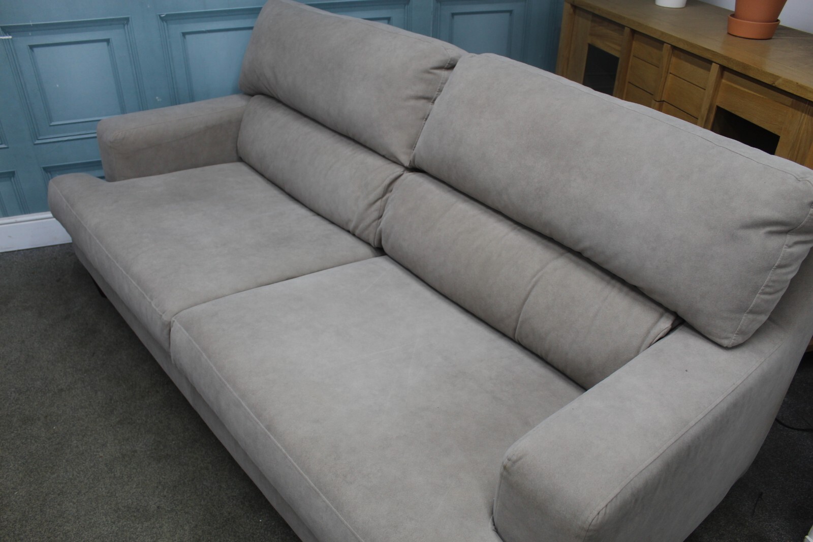 FURNITURE VILLAGE LOUNGE CO. ROMILLY 3 SEATER SOFA IN TAUPE FABRIC. RRP