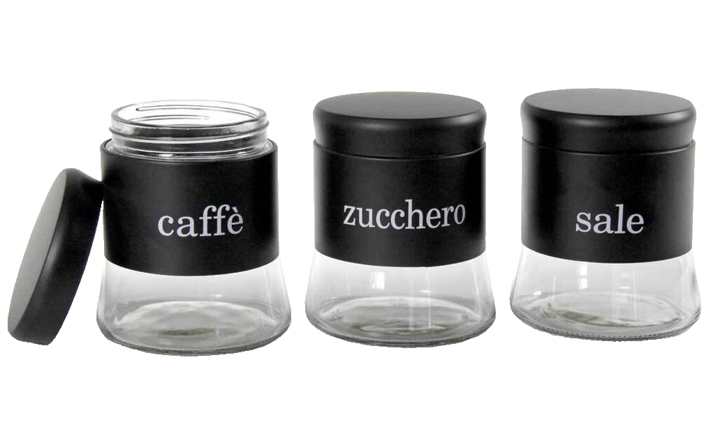 SET Barattoli Sale Zucchero Caffè Tris 3 METALLO NERO Vetro 750ML CUCINA 14*11cm